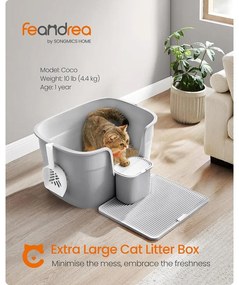 Extra nagy macskaalomdoboz magas oldalfallal, alomfogó ráccsal, szürke színben