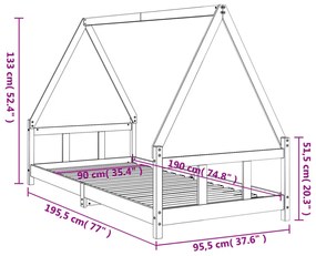 fekete tömör fenyőfa gyerekágykeret 90 x 190 cm