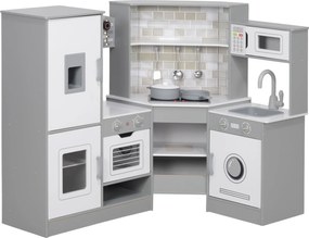 AIYAPLAY Gyerek Fa Játék Konyha +3 Év Mese Konyha Hanggal, Tűzhellyel, Sütővel, Csapteleppel, Mosogatóval, Mikrohullámú Sütővel és Kiegészítőkkel Szür