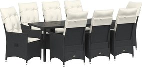 vidaXL Kert étkező szett párnával 9 pcs Fekete polirattan