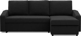 Zeus sarokkanapé, 2 ágyneműtartóval, döntött kartámasz, szövet anyag, univerzális oldal, hab töltet, fekete