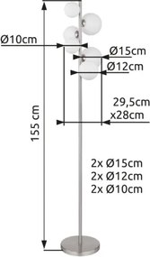 Globo 56140-6S Állólámpa fém matt nikkel, fehérüveg, fekete PVC kábel, lábkapcsoló a kábelben, HxSzxM: 295x280x1550mm, kábelhossz 1800mm, üveg átmérő: 2x10cm, 2x12cm, 2x15 cm, 6x G9 LED 3.5W 350lm forrás, 310lm kimenet, 3000K