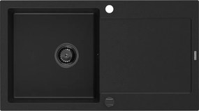 Mexen Leo 1 rekeszes, 900 x 500 mm-es csepegtetős gránit mosogató, fekete, fekete szifon - 6501901010-77-B