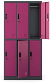 Fém öltözőszekrény 6 rekeszes IGOR, 900 x 1850 x 450 mm, antracit-fukszia