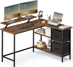 L-alakú íróasztal 2 tágas fiókkal, állítható tárolópolccal, 105x135x89,5 cm, rusztikus barna