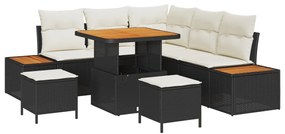 8 Darabos Kert Sofa Szett Párnákkal Fekete Poli Rattan Akáccal
