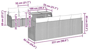 9 részes kert kanapé szett párnákkal szürke poli rattan akácia, 2 személyes kert kanapé párnákkal szürke poli rattan