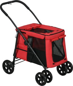 PawHut Összecsukható Háziállat Babakocsi Kutya Macska Párnával, Fékkel Ellátott Kerekekkel, 600D Oxford Szövet, Acél, 102 x 62 x 105 cm, Piros | Aosom