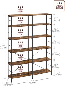Ipari stílusú 6-szintes könyvespolc rusztikus barna és fekete színben