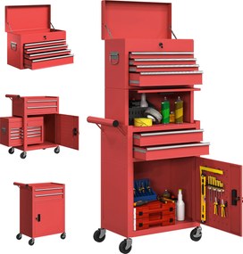 HOMCOM Workshop Trolley with Toolbox, 6 Drawers & Pegboard, Lockable, Empty Tool Cart with Handle, Steel Cabinet on Wheels, Red | Aosom