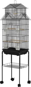 PawHut Madáretető Kerekekkel, Acél Madárház Etetőkkel, Ülőrudakkal, Hinta és Kivehető Tálca - Nagy Ketrec Papagájok, Kanárik, Hullámos Papagájok Számá