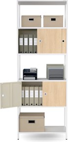 Iratrendező polc zárható szekrénnyel, irodai, nyitott polcok, fém fehér/sonoma tölgy, 800x2200x400 mm: ARIEL Eco Design