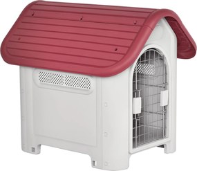 PawHut Kutyaház Kültéri Kennel Tetőablakkal és Ajtóval Kisebb Kutyák és Kisállatok Számára, Légtérés, Vízálló Fém Műanyag Piros + Világosszürke 59 x 7