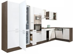Yorki 430 sarok konyhabútor yorki tölgy korpusz,selyemfényű fehér fronttal alulagyasztós hűtős szekrénnyel
