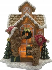 Világító mézeskalács házikó macikkal 15*10*18 cm