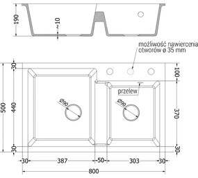 Mexen Tomas, gránit mosogató 800x500x190 mm, 2 kamrás és fekete Telma csaptelep, fekete, 6516-77-670200-70-B