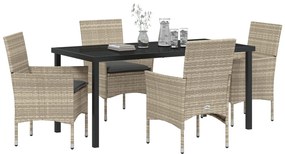 5 Részes Kerti Étkező Szett Párnákkal Világosszürke Poly Rattan, Kerti Asztal Fekete 160x80x73 cm Edzett Üveg
