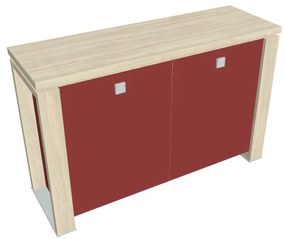 Verno+ S alacsony szekrény 140 x 46 x 90 cm, üvegajtó, akác / piros
