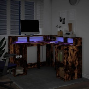 füstös tölgy színű szerelt fa íróasztal LED-ekkel 130x130x91 cm