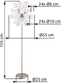 Globo 15633SO Állólámpa fém nikkel matt, fehér színű üveggömbök, fekete PVC kábel, lábpedálos kapcsoló a kábelen, ø: 550mm, M: 1550mm, kábel hossza 1800mm, üveggömbök átmérője: 24 x 6 cm, 24 x 10 cm, 6x E14 25W 230V izzók nélkül