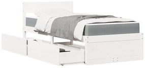 fehér tömör fenyőfa ágy fiókokkal és matraccal 100 x 200 cm