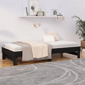 fekete tömör fenyőfa kihúzható kanapéágy 2x(100x200) cm