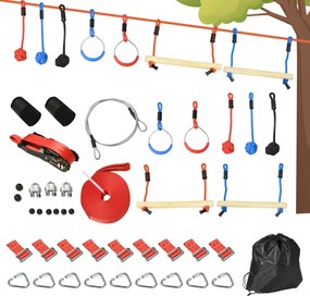 Outsunny Ninja Slackline Szett 30 db, 10m Kötél Akadályokkal, Mászókeret, Kültéri Mászó Edzés, Játékfelszerelés 3-6 Éves Gyerekeknek, Gimnasztikai Gyű