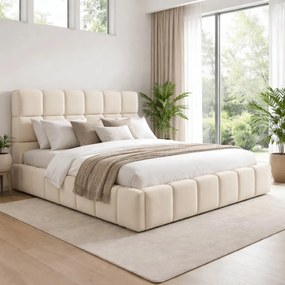 Ágy 160x200 cm méretben, ágyneműtartóval, krém színben, velúr kárpittal MURCJA