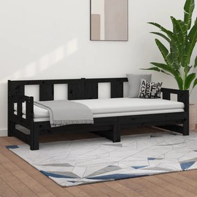 fekete tömör fenyőfa kihúzható kanapéágy 2 x (90 x 190) cm