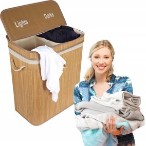 Szennyestartó Kosár Bambusz Nagy 105L Kétrekeszes Összecsukható Fedéllel