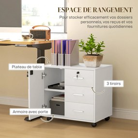 HOMCOM Irodai Fiókos Tárolószekrény 3 Fiókkal és Állítható Polccal, Zárható Irodai Tárolószekrény Kerekeken, méret: 40 x 60 x 56 cm, fehér | Aosom