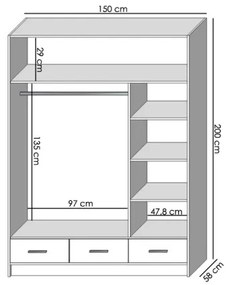 SANNA gardróbszekrény tükörrel, 150x215 cm, sonoma tölgy