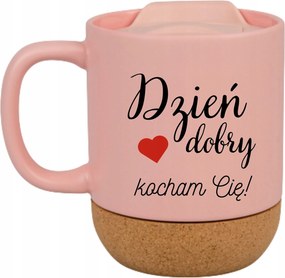 Rózsaszín Bögre Fedéllel És Parafa Aljjal Ajándék Jó Reggelt