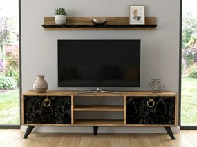 TV szekrény ZEN 160 cm fali polccal, dió/fekete márvány dekoráció
