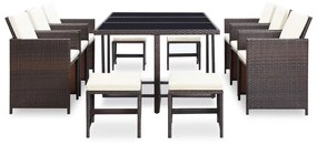 vidaXL 11-részes barna kültéri polyrattan étkezőszett párnákkal