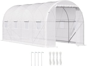 Outsunny Kerti Alagút Üvegház 8 Ablakkal és Felhúzható Ajtóval, Fém Váz és Poliészter Borítással, 5x2x2m, Fehér | Aosom