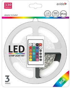 Avide LED szalag szett adapterrel és vezérlővel, 12V 7.2W/m, 30LED/m, RGB, IP20, 3m