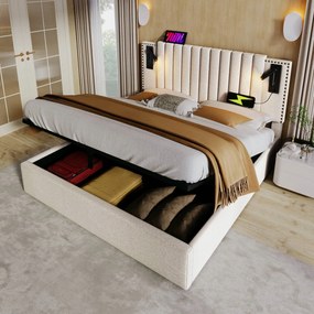 Kárpitozott ágy 160x200cm franciaágy Usb Led Hidraulikus bézs