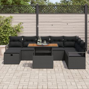 9 darabos kerti kanapékészlet párnákkal Fekete Poli Rattan, 2 személyes kerti kanapé párnákkal Fekete Poli Rattan
