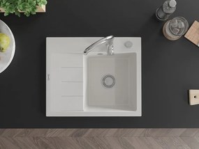 Mexen Ben gránit mosogató 1-medencés csepegtetővel, jobb oldal 600 x 500 mm, fehér, krómozott szifon - 6523605000-20