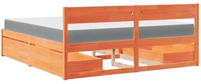 viaszbarna tömör fenyőfa ágy fiókokkal és matraccal 180x200 cm