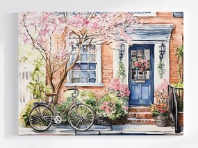 Poszter Város Utca Bérház Ajtó Virágok Kerékpár 100x75