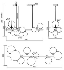 Csillár zsinóron MILA 10xG9/9W/230V fekete/szürke