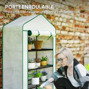 Outsunny PE Kertiház 4 Szintes Polcokkal, Erkély Kertiház, Erősített 135 g/m² Vászon, Acél Váz, Feltekerhető Cipzáras Ajtó, Zöldségek, Növények, Virág