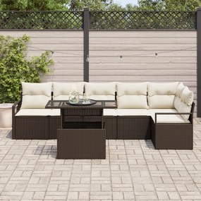 7 Részes Kerti Kanapé Készlet Párnákkal Barna Poli Rattan, 2-Fős Kerti Kanapé Tárolóval és Párnákkal Barna Poli Rattan