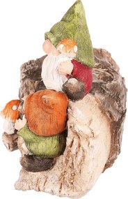 Kerti törpék fatönkön, magnézium dekoráció és virágtartó