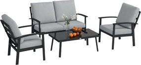 Outsunny 4 darabos Alumínium Kerti Lounge Szett, Kültéri 2 személyes Kanapé, 2 Karosszék és Üveg Kávézóasztal Leválasztható Párnákkal, Sötét Szürke |