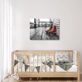 Egy piros régi görgős cipő képe (üvegen) (70x50 cm)