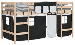 fehér-fekete tömör fenyő gyerek galériaágy függönnyel 90x190 cm