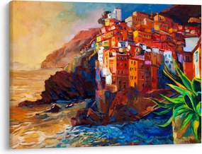 Kép - Falu Cinque Terre partján, az olasz riviérán, modern impresszionizmus (70x50 cm)